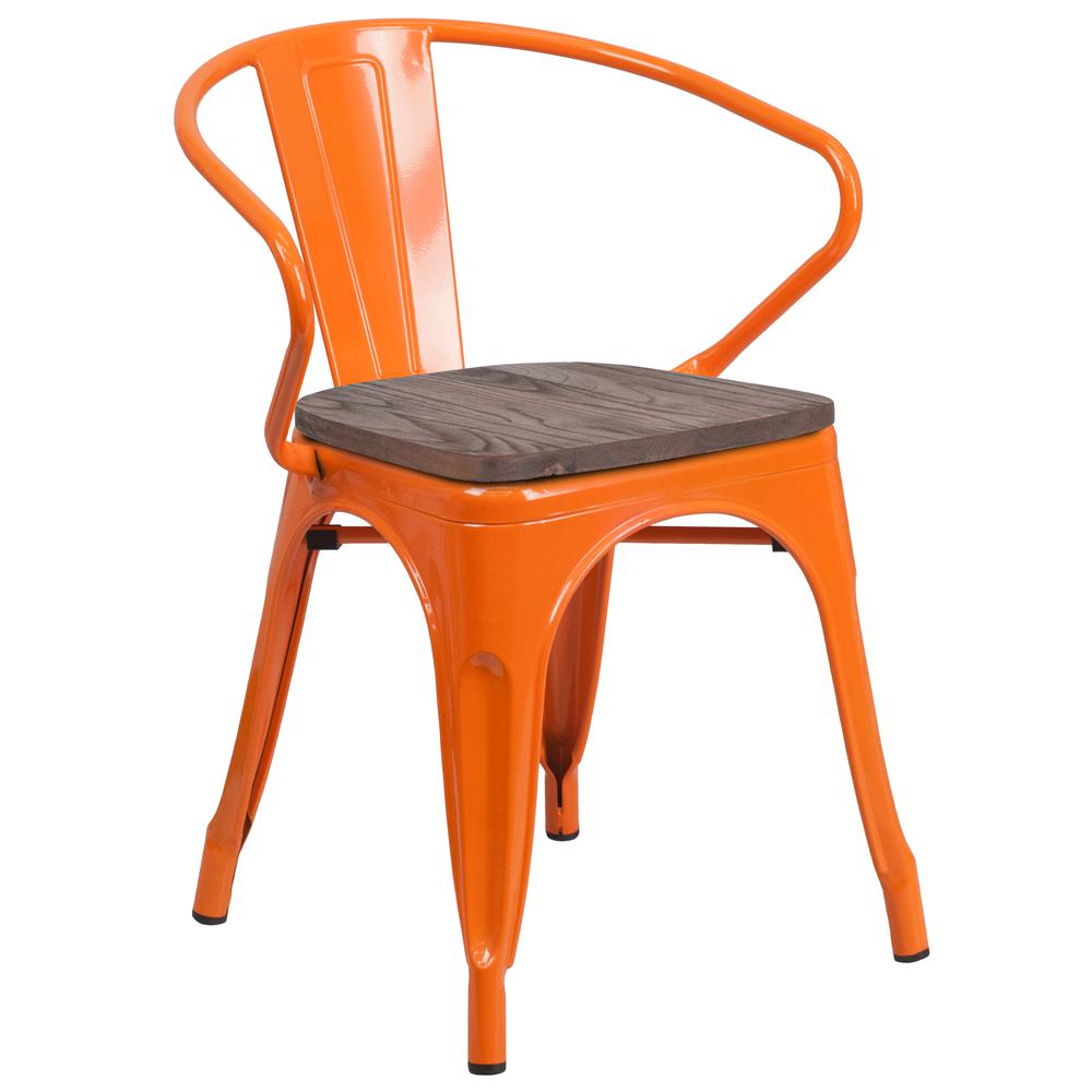 Orange Metal Chair with Wood Seat and Arms. Picture 1