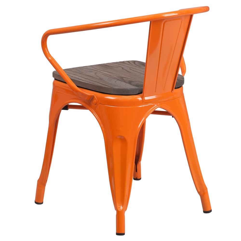Orange Metal Chair with Wood Seat and Arms. Picture 3