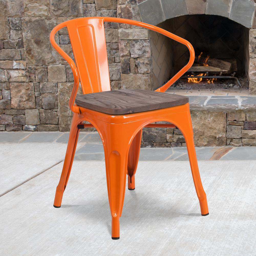 Orange Metal Chair with Wood Seat and Arms. Picture 5