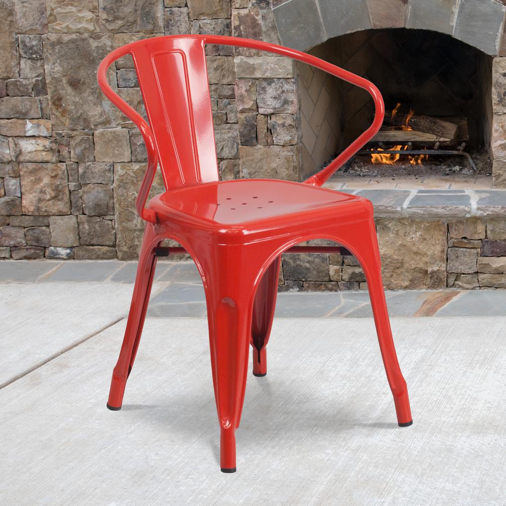 Commercial Grade Red Metal Indoor-Outdoor Chair with Arms. Picture 6