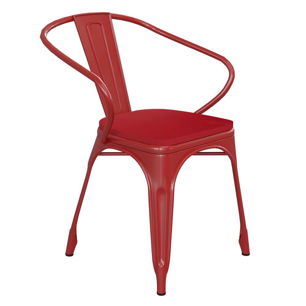 Red Metal Indoor-Outdoor Chair with Arms with Red Poly Resin Wood Seat. Picture 2