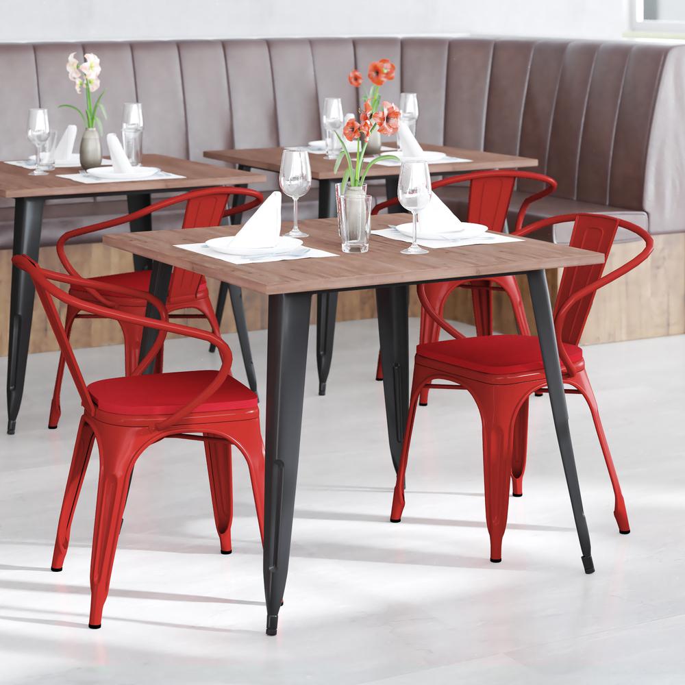 Red Metal Indoor-Outdoor Chair with Arms with Red Poly Resin Wood Seat. Picture 1