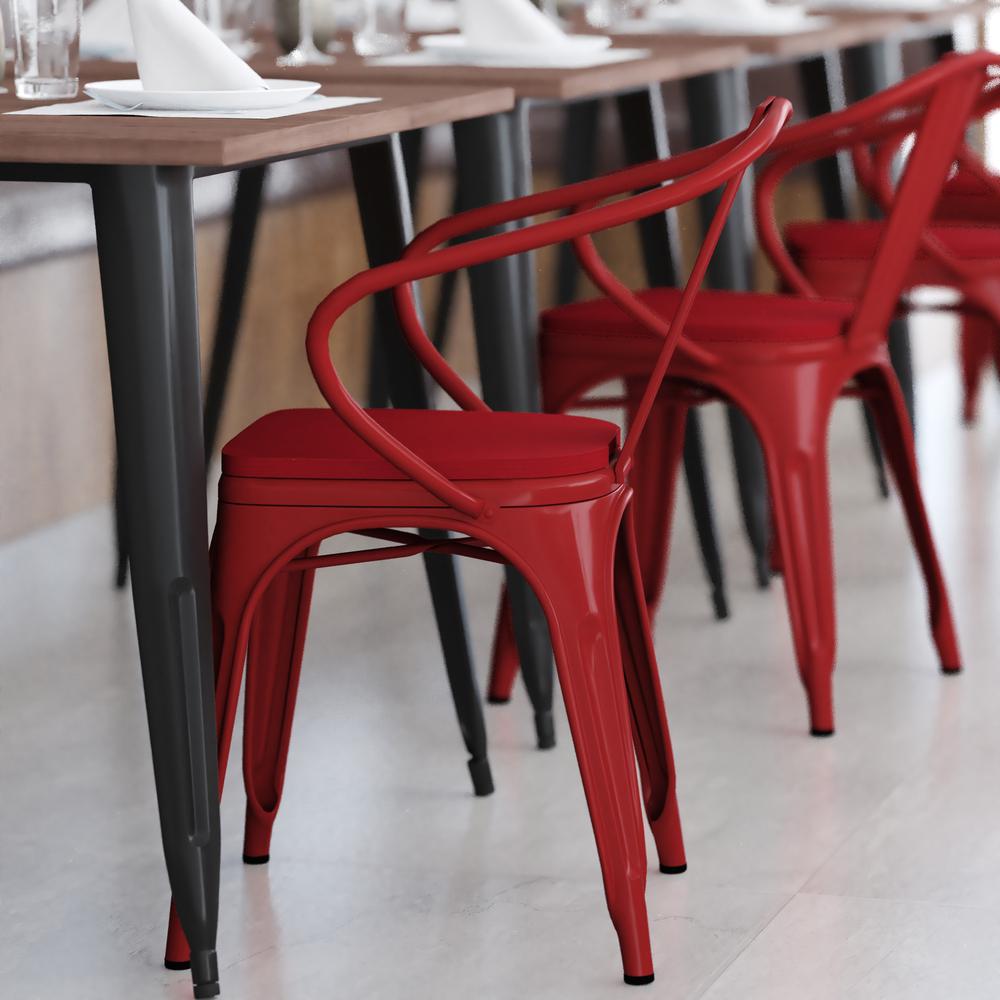 Red Metal Indoor-Outdoor Chair with Arms with Red Poly Resin Wood Seat. Picture 8