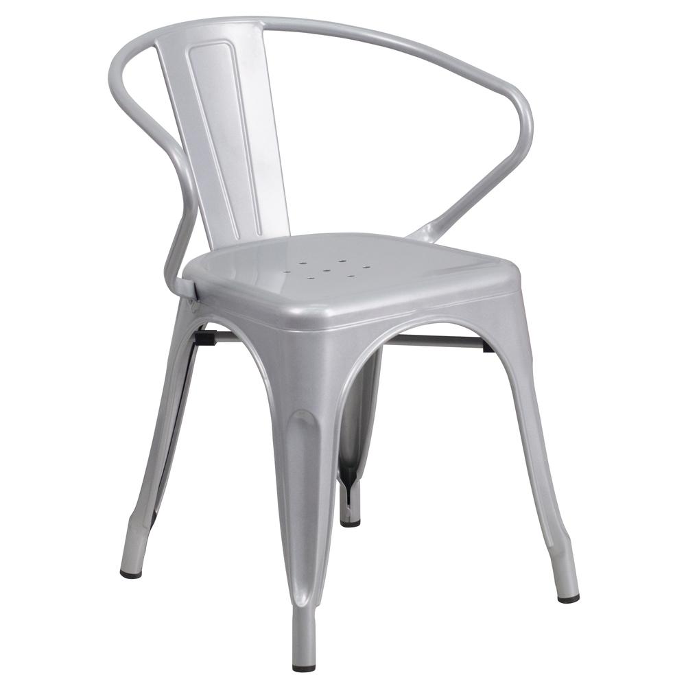 Commercial Grade Silver Metal Indoor-Outdoor Chair with Arms. Picture 1