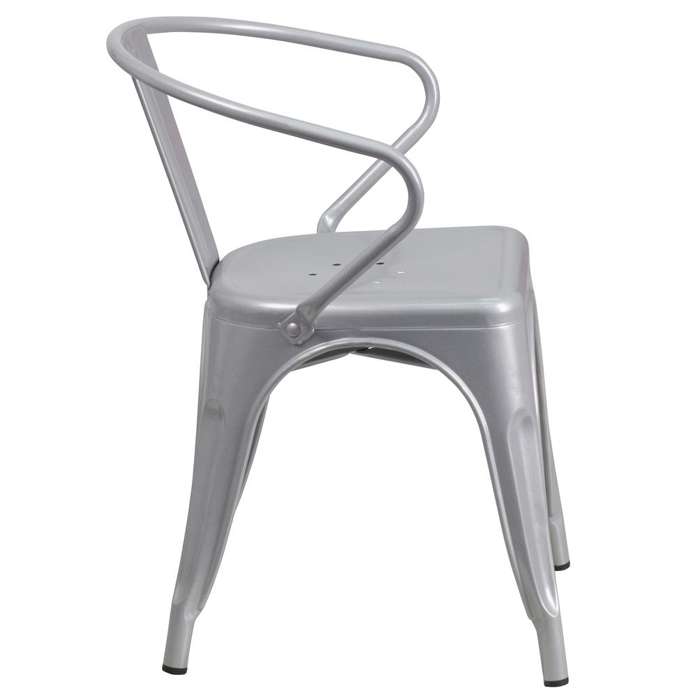Commercial Grade Silver Metal Indoor-Outdoor Chair with Arms. Picture 3