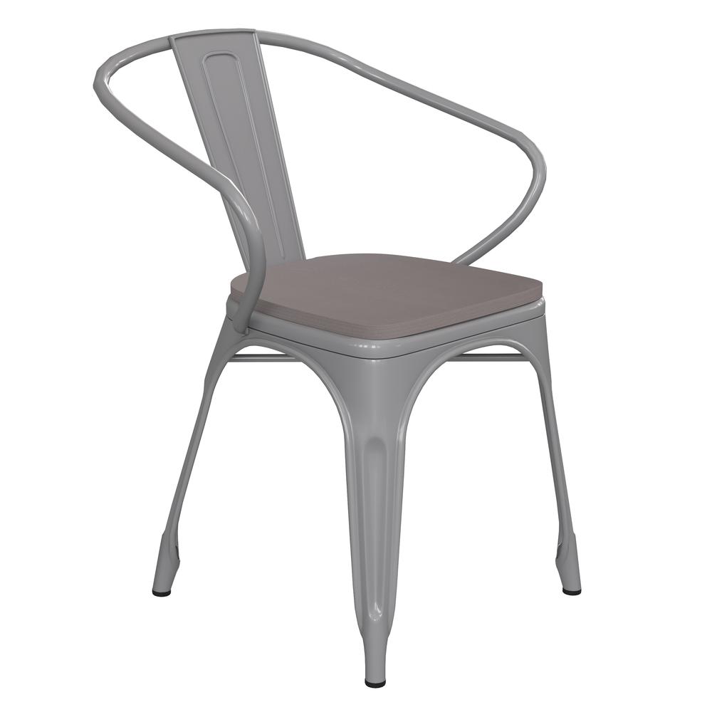 Luna Commercial Grade Silver Metal Indoor-Outdoor Chair with Arms with Gray Poly Resin Wood Seat. Picture 2