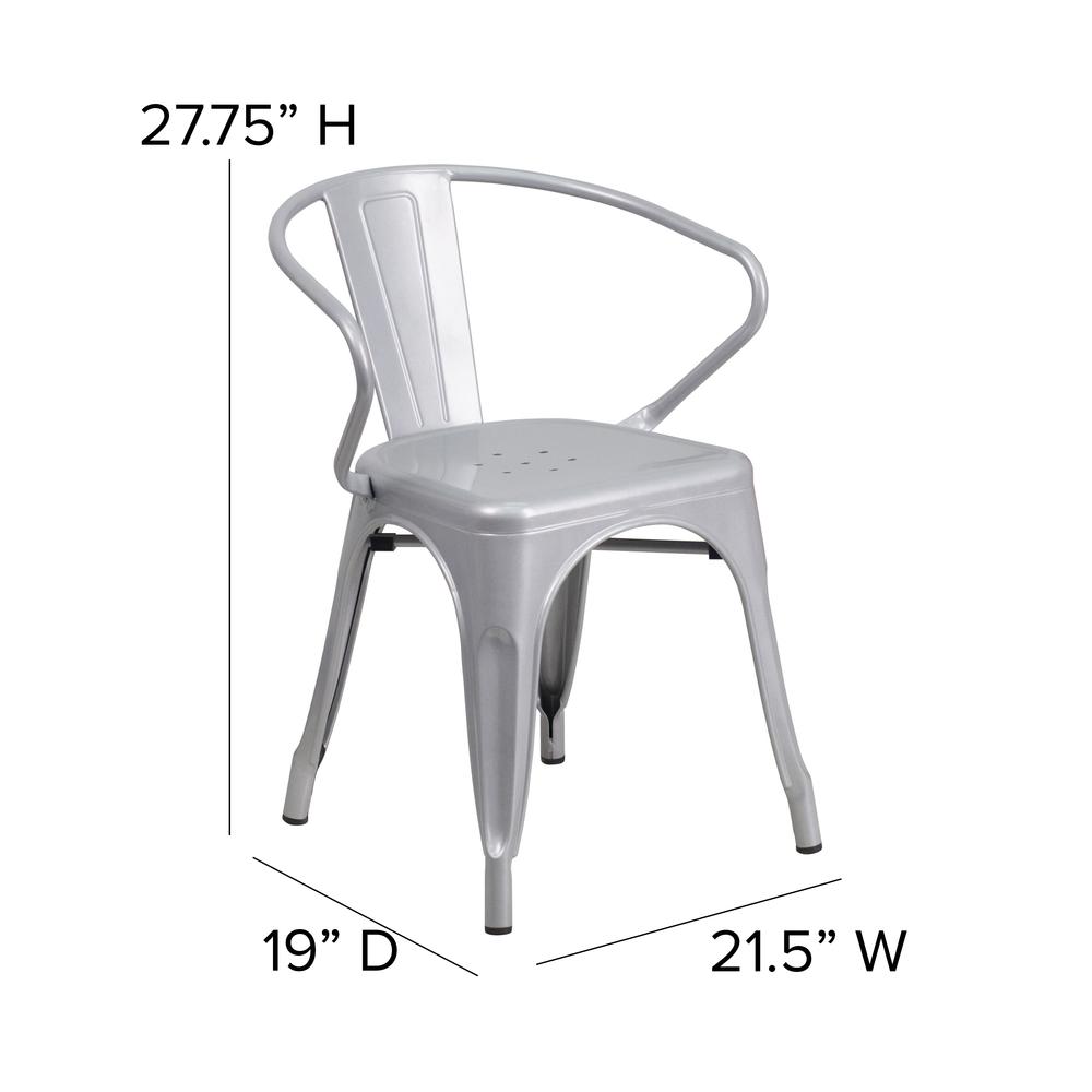 Luna Commercial Grade Silver Metal Indoor-Outdoor Chair with Arms with Gray Poly Resin Wood Seat. Picture 5