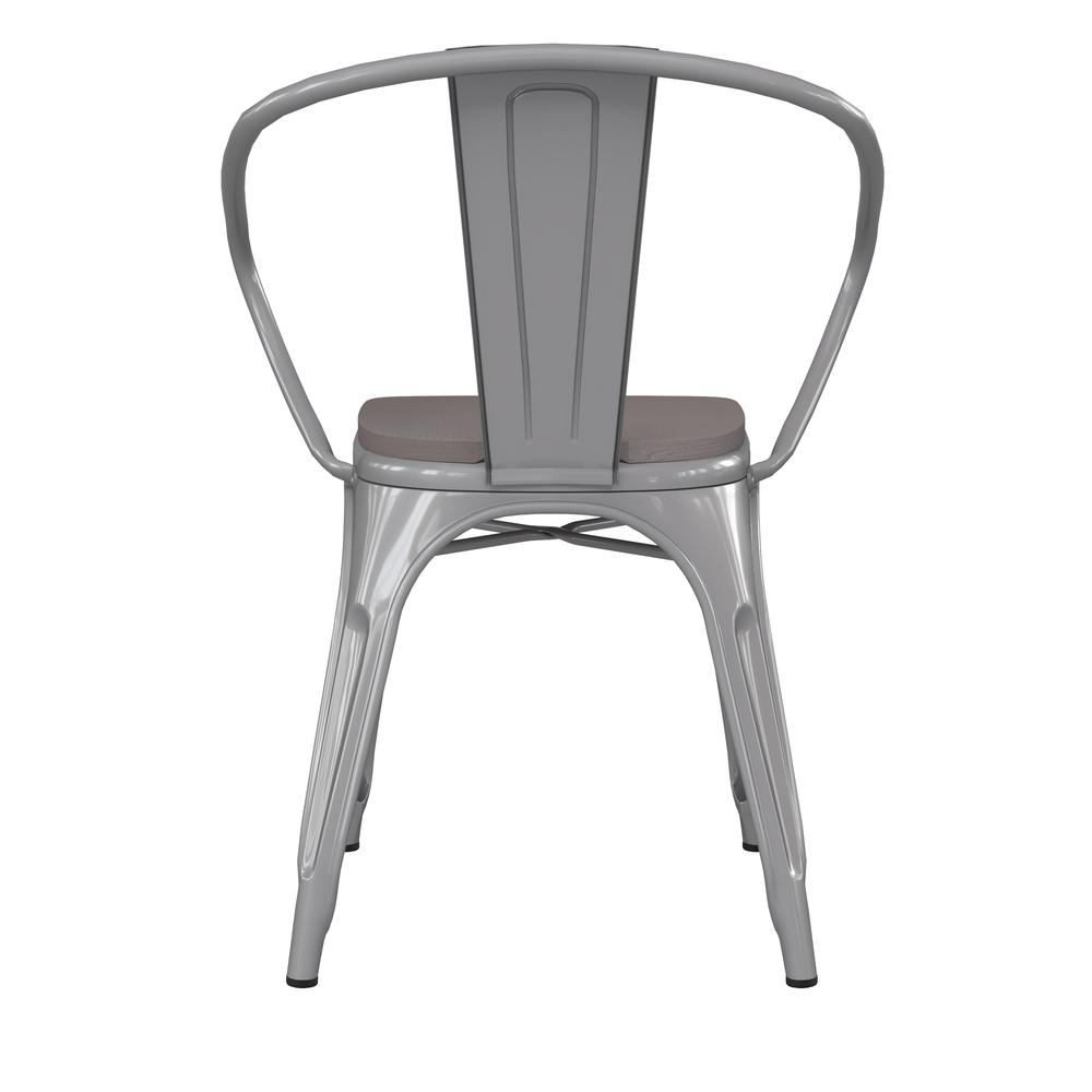 Luna Commercial Grade Silver Metal Indoor-Outdoor Chair with Arms with Gray Poly Resin Wood Seat. Picture 9