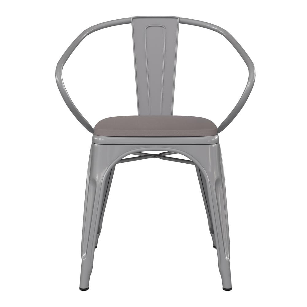 Luna Commercial Grade Silver Metal Indoor-Outdoor Chair with Arms with Gray Poly Resin Wood Seat. Picture 11