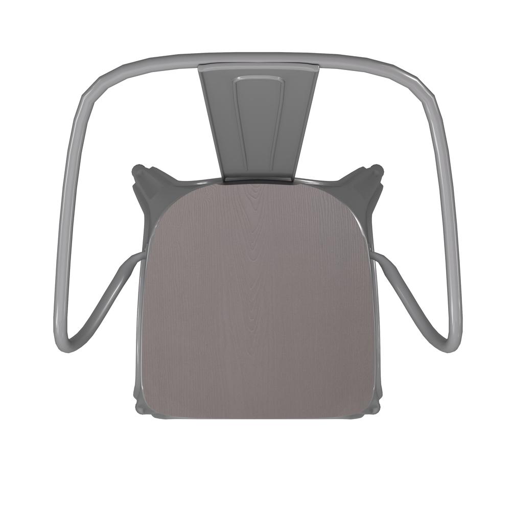 Luna Commercial Grade Silver Metal Indoor-Outdoor Chair with Arms with Gray Poly Resin Wood Seat. Picture 12