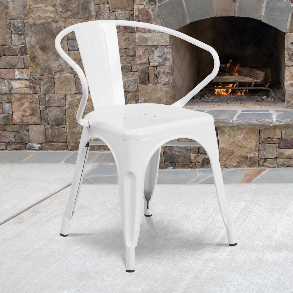 Commercial Grade White Metal Indoor-Outdoor Chair with Arms. Picture 6