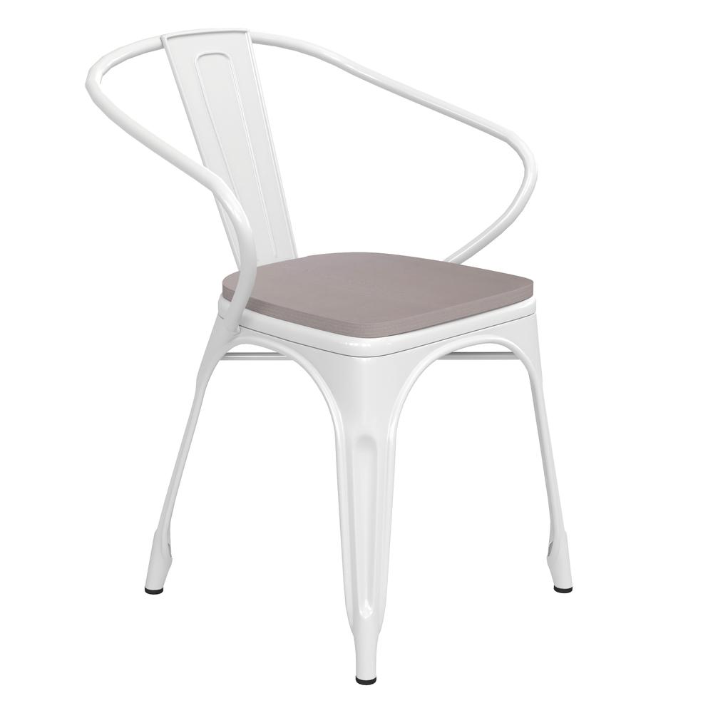 White Metal Indoor-Outdoor Chair with Arms with Gray Poly Resin Wood Seat. Picture 2
