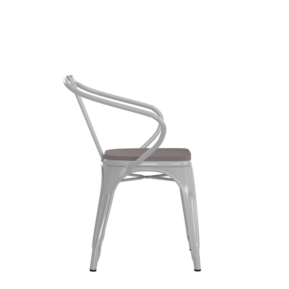 White Metal Indoor-Outdoor Chair with Arms with Gray Poly Resin Wood Seat. Picture 10