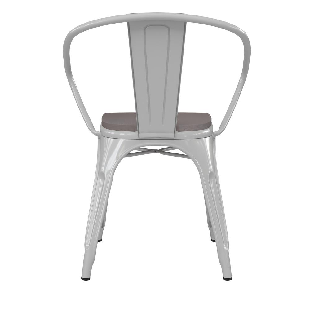 White Metal Indoor-Outdoor Chair with Arms with Gray Poly Resin Wood Seat. Picture 9