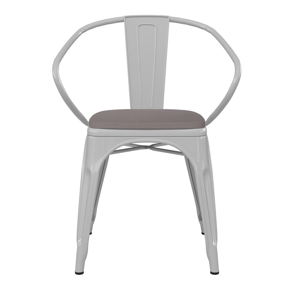 White Metal Indoor-Outdoor Chair with Arms with Gray Poly Resin Wood Seat. Picture 11
