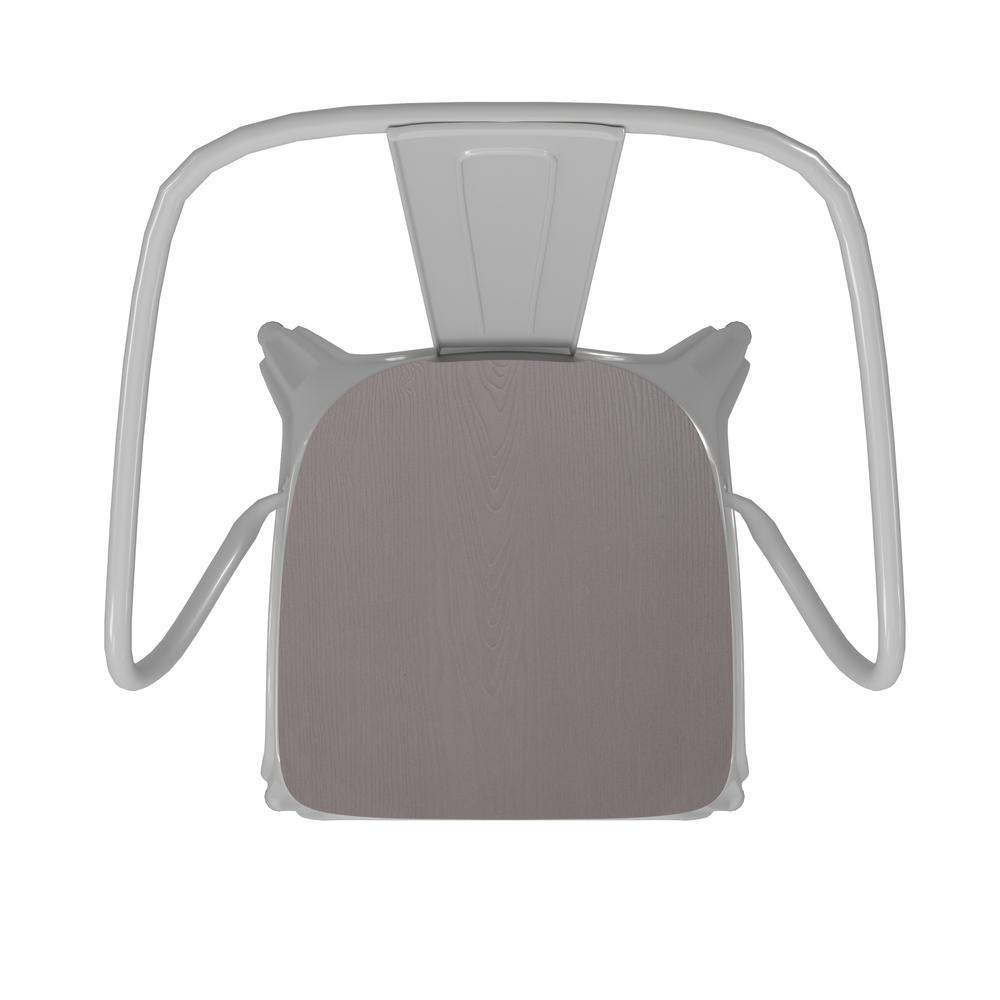 White Metal Indoor-Outdoor Chair with Arms with Gray Poly Resin Wood Seat. Picture 12