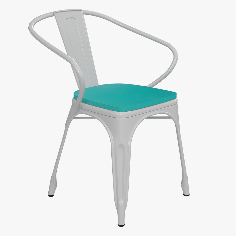 Luna Commercial Grade White Metal Indoor-Outdoor Chair with Arms with Mint Green Poly Resin Wood Seat. Picture 2
