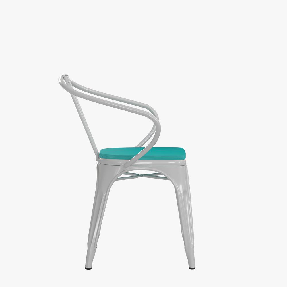 Luna Commercial Grade White Metal Indoor-Outdoor Chair with Arms with Mint Green Poly Resin Wood Seat. Picture 10