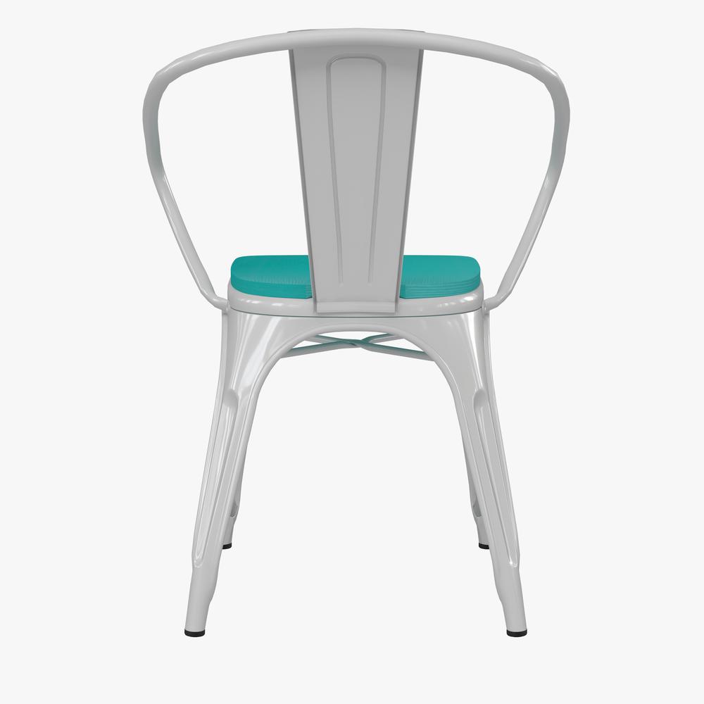 Luna Commercial Grade White Metal Indoor-Outdoor Chair with Arms with Mint Green Poly Resin Wood Seat. Picture 9