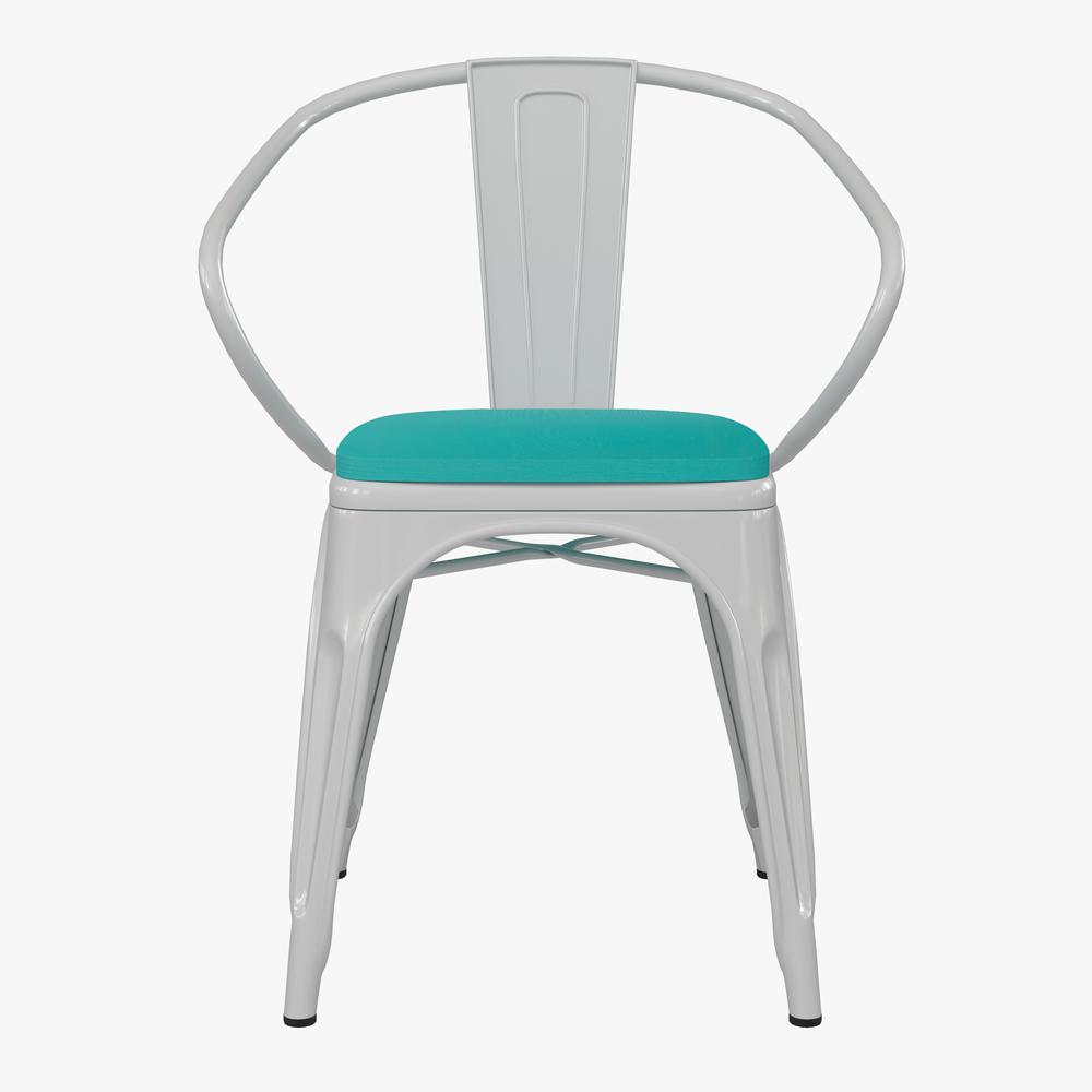 Luna Commercial Grade White Metal Indoor-Outdoor Chair with Arms with Mint Green Poly Resin Wood Seat. Picture 11