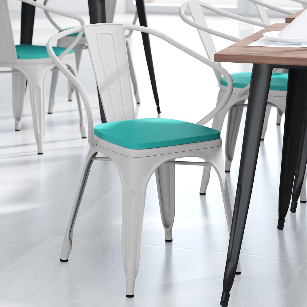 Luna Commercial Grade White Metal Indoor-Outdoor Chair with Arms with Mint Green Poly Resin Wood Seat. Picture 7