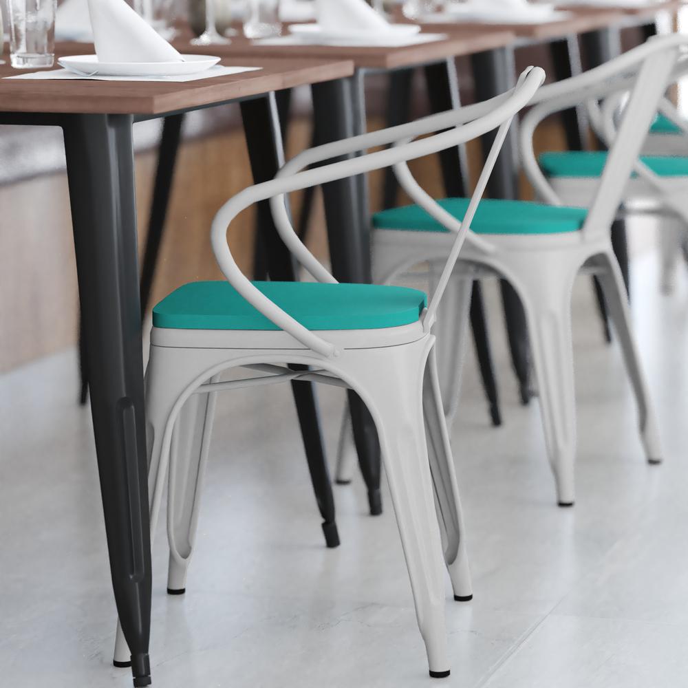 Luna Commercial Grade White Metal Indoor-Outdoor Chair with Arms with Mint Green Poly Resin Wood Seat. Picture 8