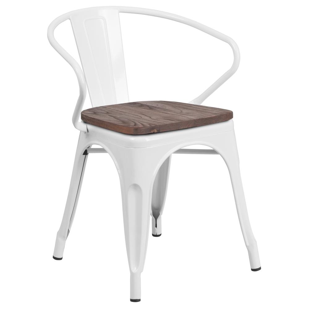 White Metal Chair with Wood Seat and Arms. Picture 1