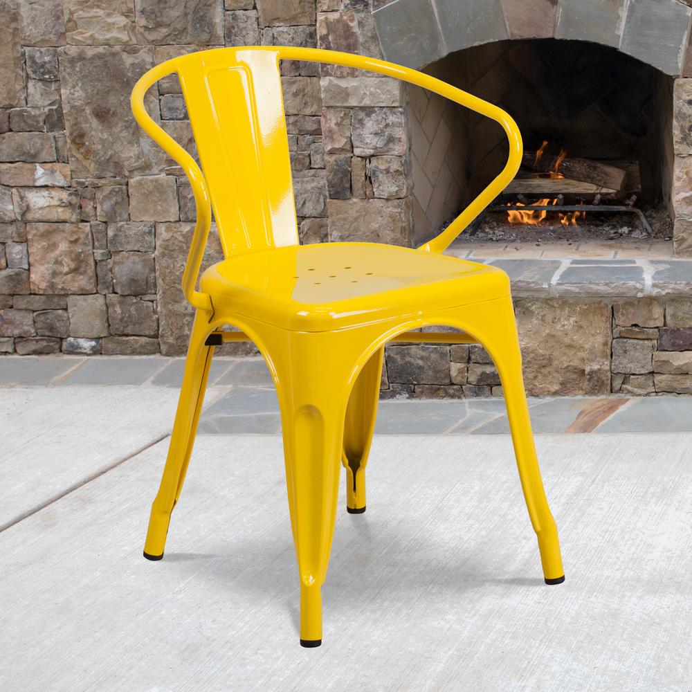Commercial Grade Yellow Metal Indoor-Outdoor Chair with Arms. Picture 6