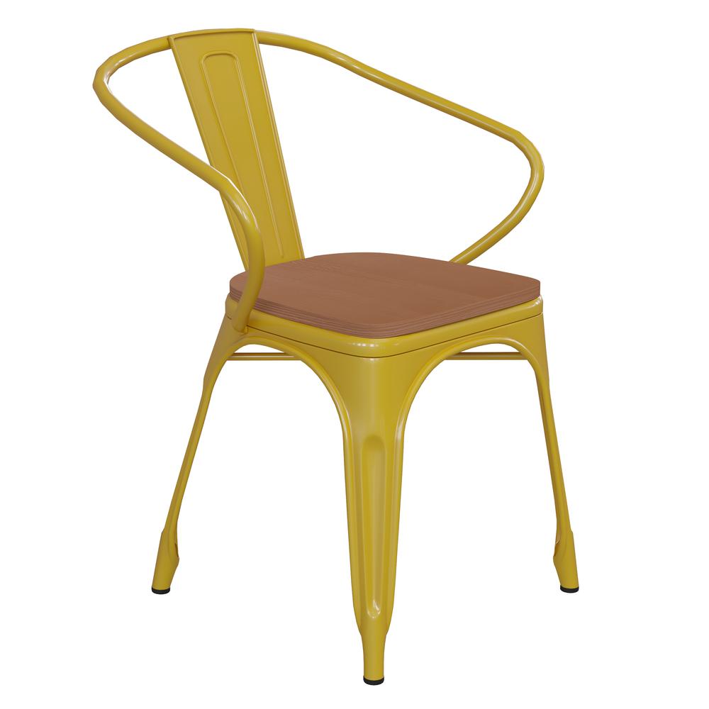Yellow Metal Indoor-Outdoor Chair with Arms with Teak Poly Resin Wood Seat. Picture 2