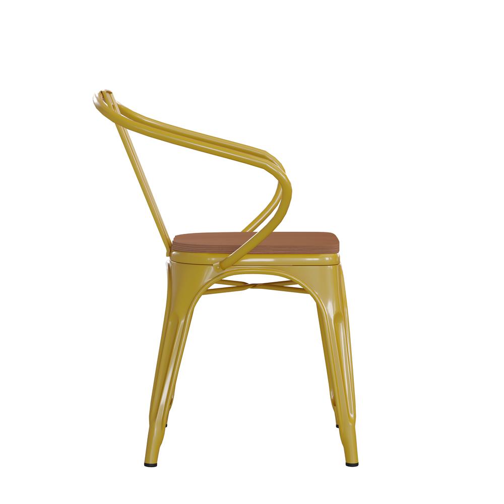 Yellow Metal Indoor-Outdoor Chair with Arms with Teak Poly Resin Wood Seat. Picture 10