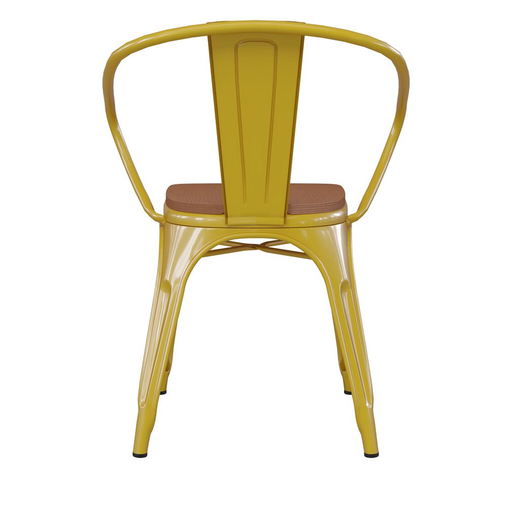 Yellow Metal Indoor-Outdoor Chair with Arms with Teak Poly Resin Wood Seat. Picture 9