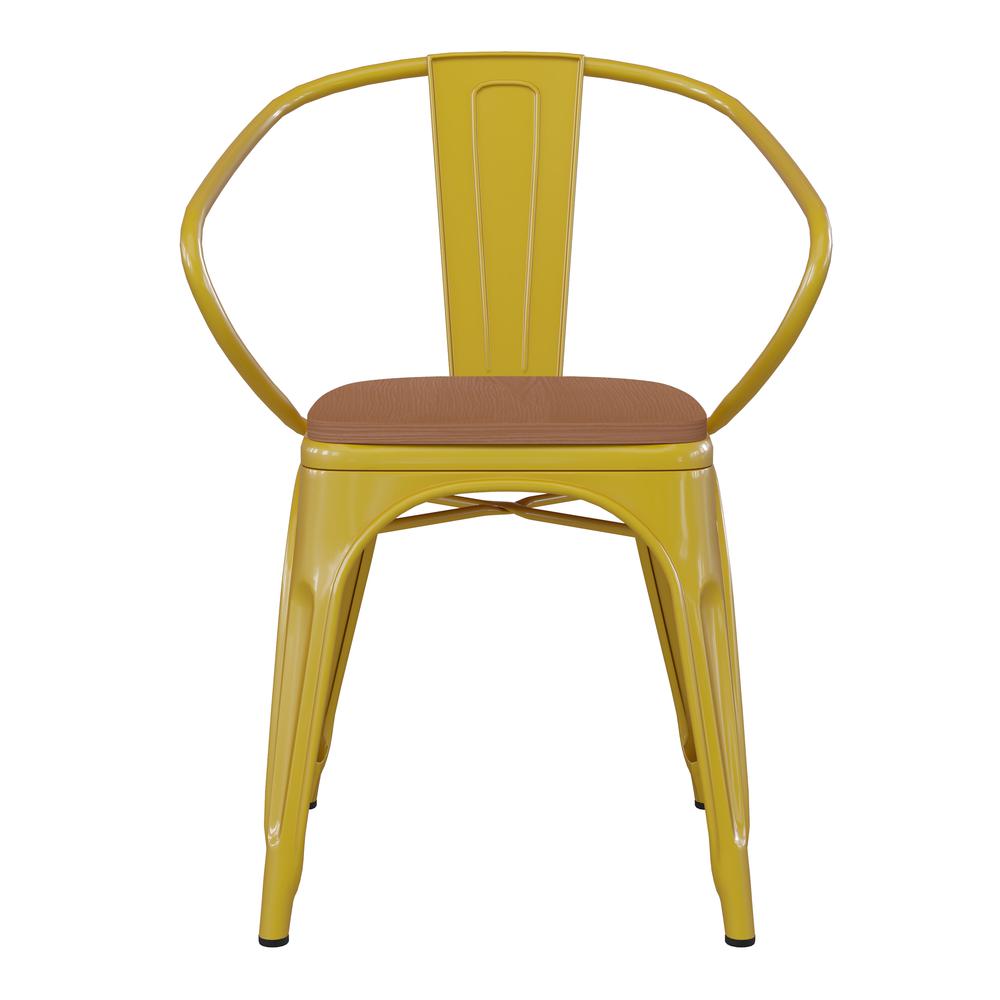 Yellow Metal Indoor-Outdoor Chair with Arms with Teak Poly Resin Wood Seat. Picture 11
