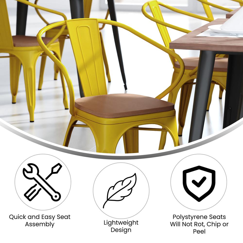 Yellow Metal Indoor-Outdoor Chair with Arms with Teak Poly Resin Wood Seat. Picture 4