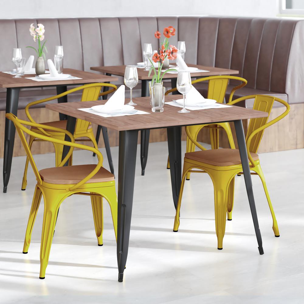 Yellow Metal Indoor-Outdoor Chair with Arms with Teak Poly Resin Wood Seat. Picture 1