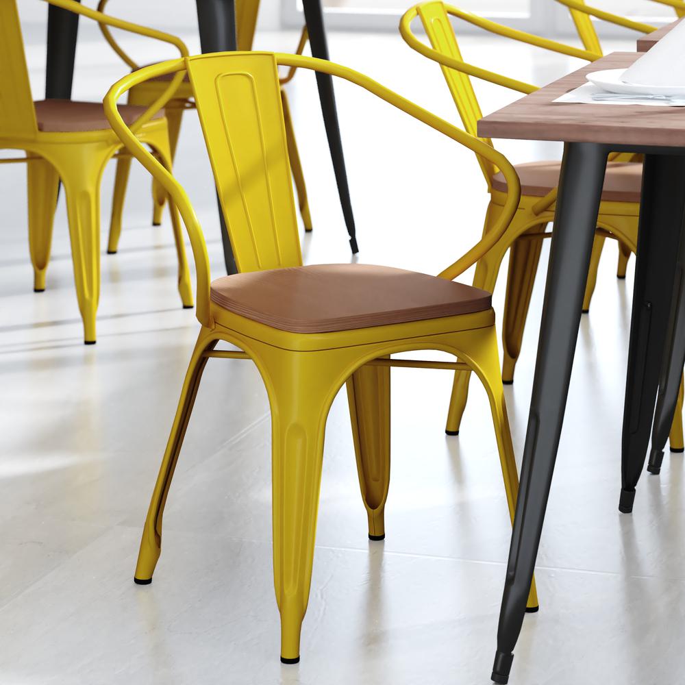 Yellow Metal Indoor-Outdoor Chair with Arms with Teak Poly Resin Wood Seat. Picture 7