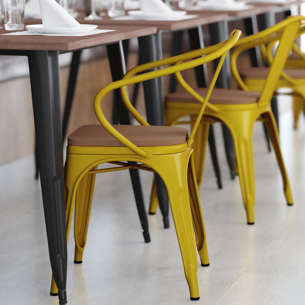 Yellow Metal Indoor-Outdoor Chair with Arms with Teak Poly Resin Wood Seat. Picture 8