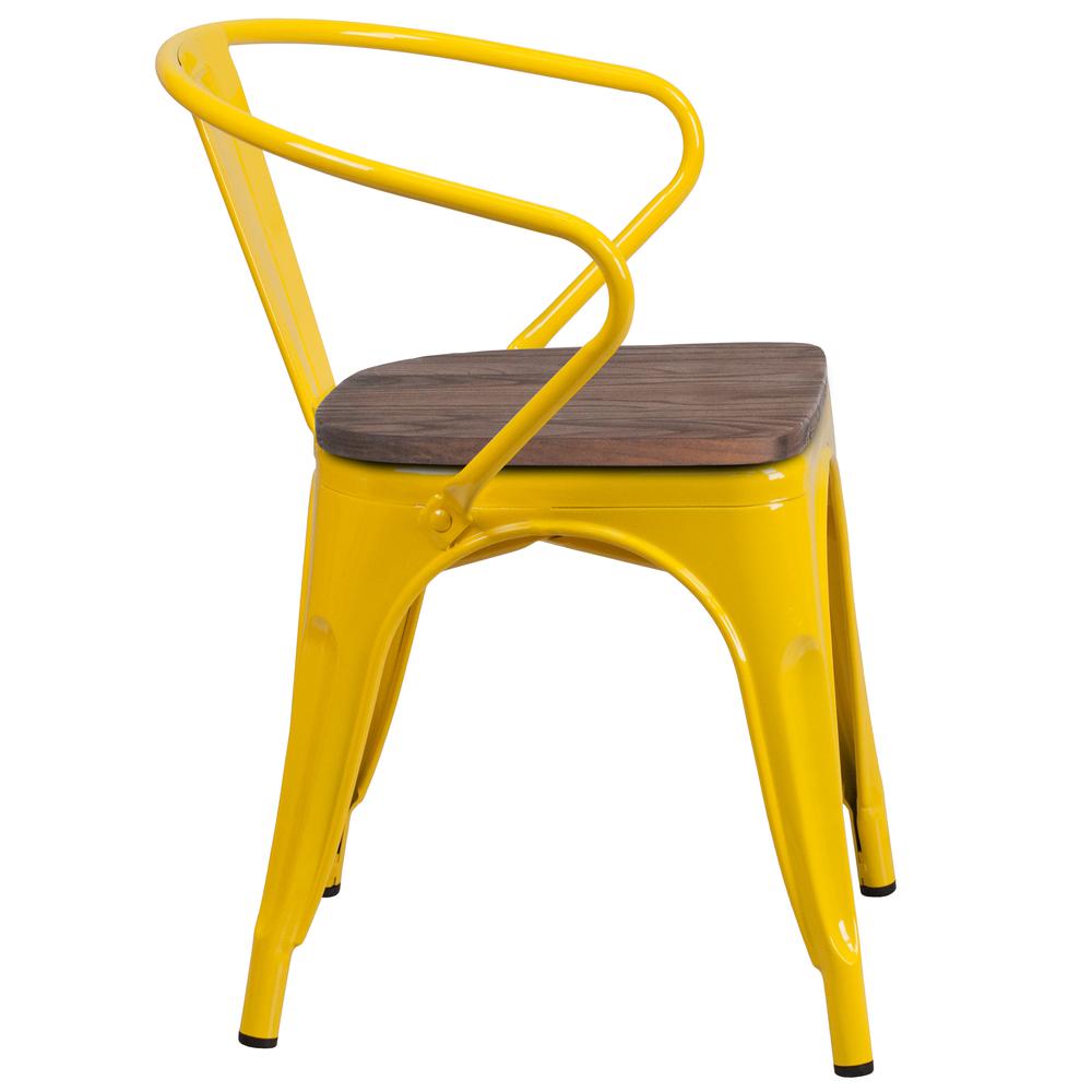 Yellow Metal Chair with Wood Seat and Arms. Picture 2