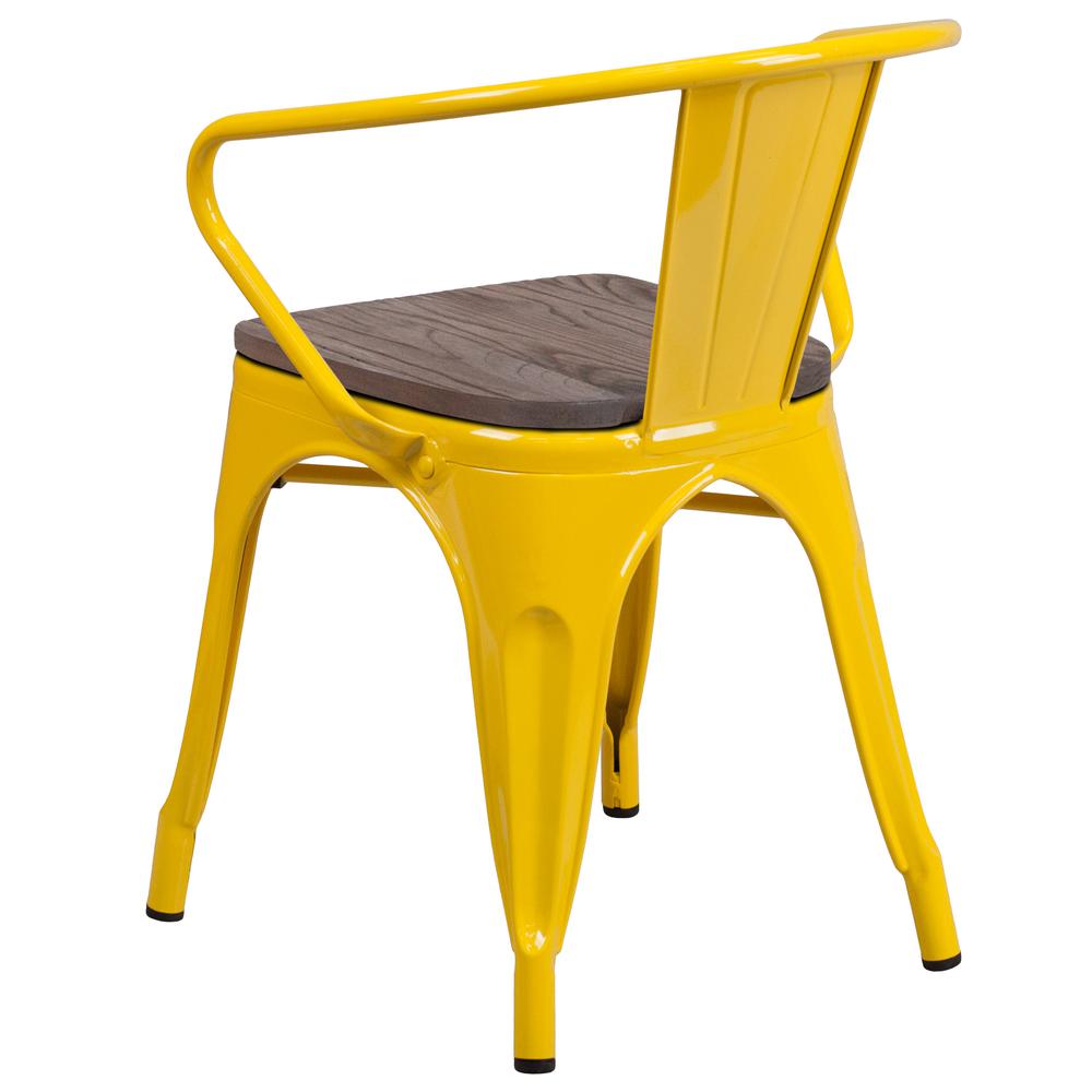 Yellow Metal Chair with Wood Seat and Arms. Picture 3