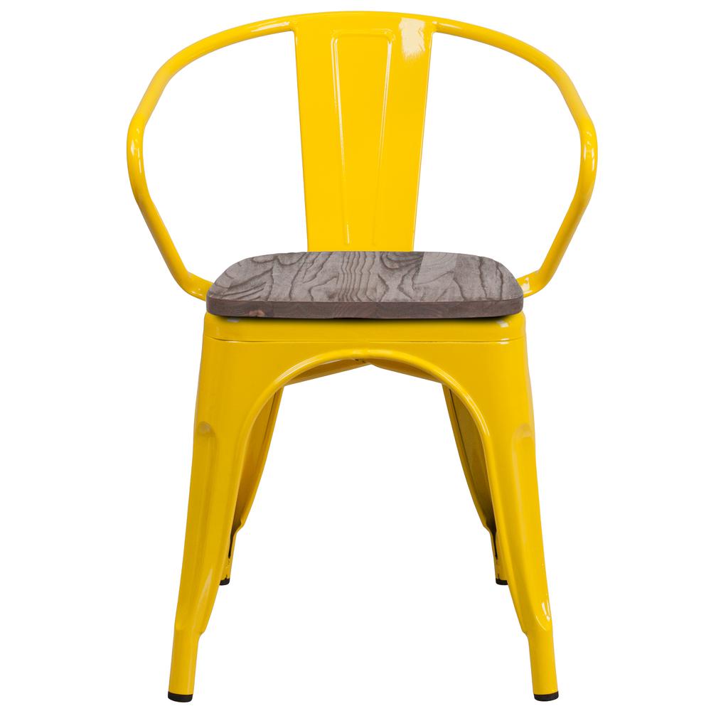 Yellow Metal Chair with Wood Seat and Arms. Picture 4