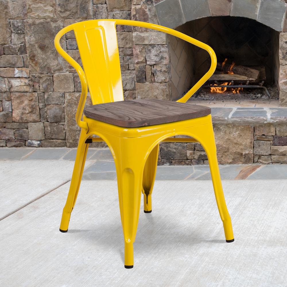 Yellow Metal Chair with Wood Seat and Arms. Picture 5