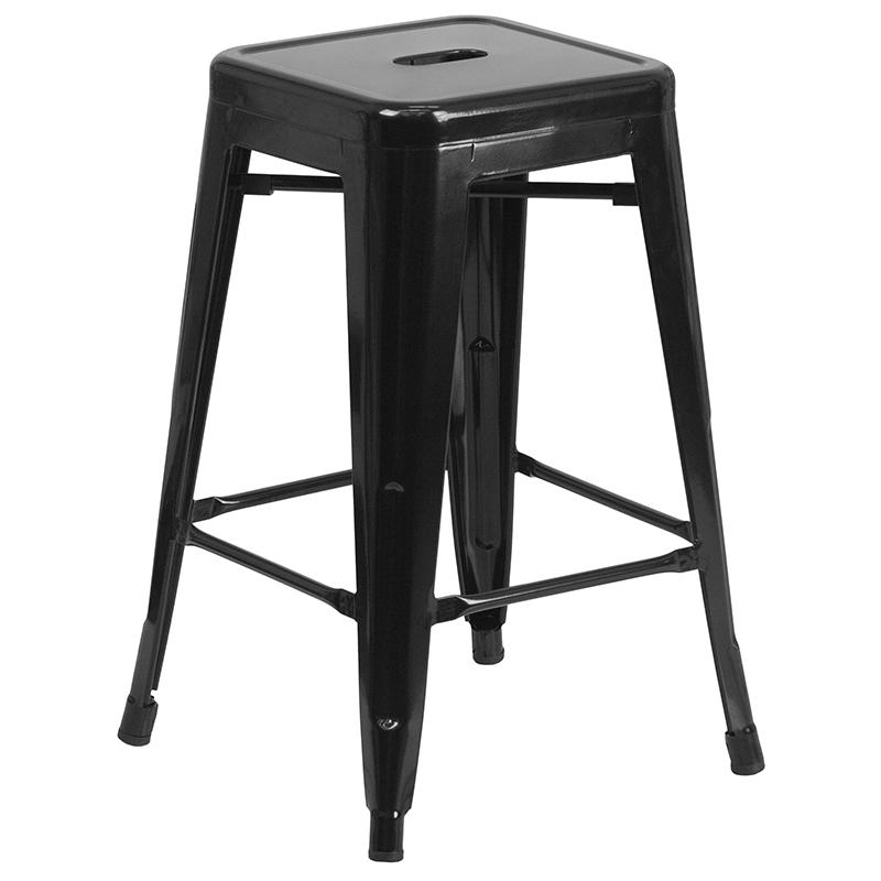 Commercial Grade 24" High Backless Black Metal Indoor-Outdoor Counter Height Stool with Square Seat. Picture 1