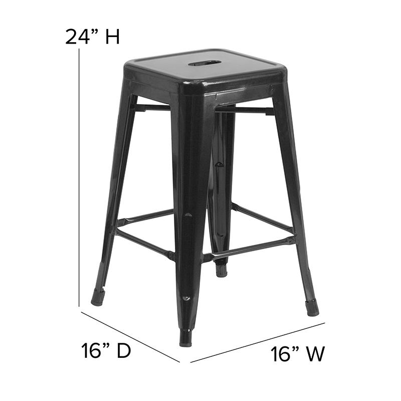 Commercial Grade 24" High Backless Black Metal Indoor-Outdoor Counter Height Stool with Square Seat. Picture 2
