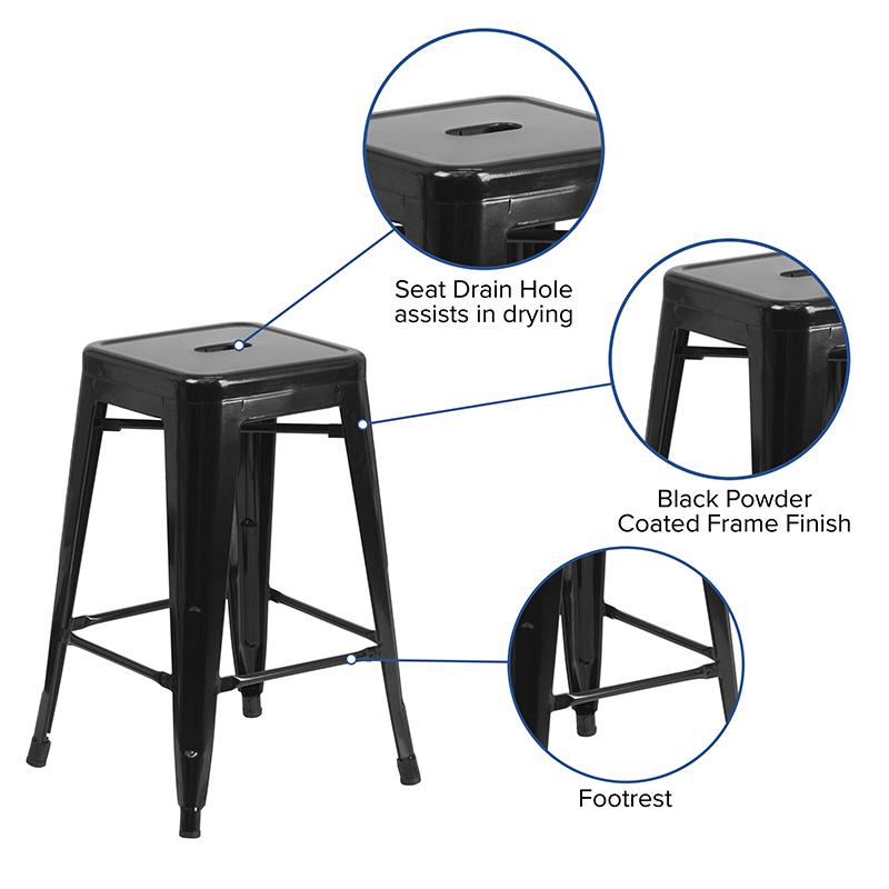Commercial Grade 24" High Backless Black Metal Indoor-Outdoor Counter Height Stool with Square Seat. Picture 6