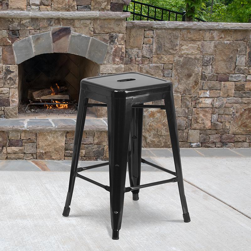 Commercial Grade 24" High Backless Black Metal Indoor-Outdoor Counter Height Stool with Square Seat. Picture 7