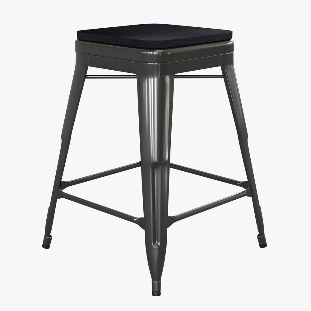 24" High Black Metal Indoor-Counter Height Stool with Black Poly Resin Wood Seat. Picture 2
