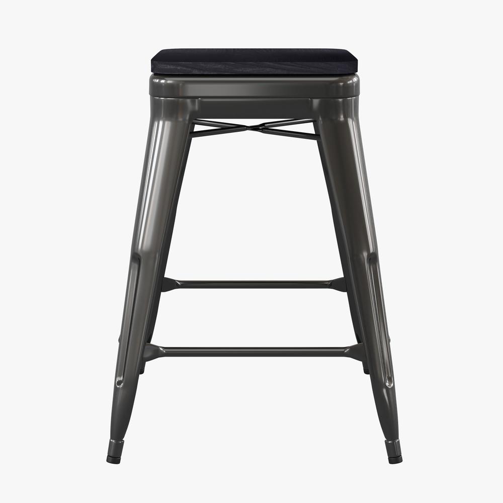 24" High Black Metal Indoor-Counter Height Stool with Black Poly Resin Wood Seat. Picture 9