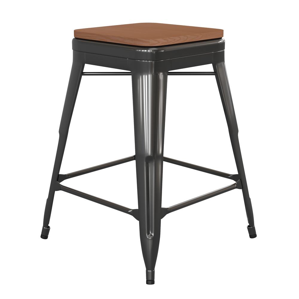 24" High Black Metal Indoor-Counter Height Stool with Teak Poly Resin Wood Seat. Picture 2