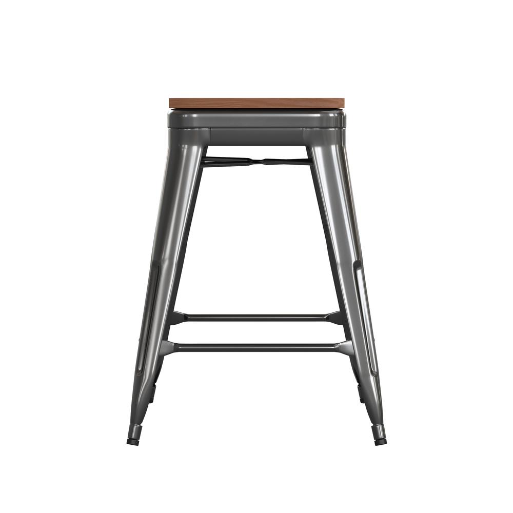 24" High Black Metal Indoor-Counter Height Stool with Teak Poly Resin Wood Seat. Picture 10
