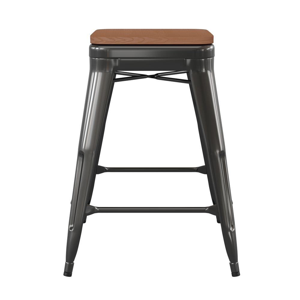 24" High Black Metal Indoor-Counter Height Stool with Teak Poly Resin Wood Seat. Picture 9