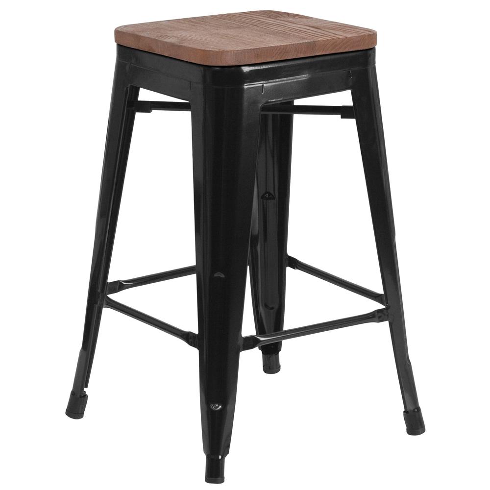 24" High Backless Black Metal Counter Height Stool with Square Wood Seat. The main picture.